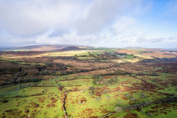 Naklejka premium View over Emsworthy Mire from a drone, Haytor Rocks, Dartmoor National Park, Devon, England, UK 