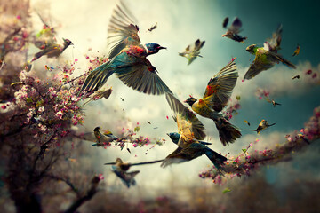 Birds taking flight in spring, visual concept.