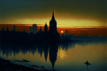 Fototapeta na wymiar Silhouette of night city at sunset. Generative AI.