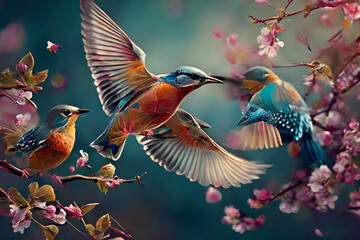 Fototapeta premium Birds taking flight in spring, visual concept.