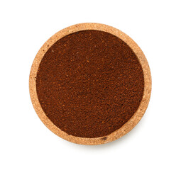 Bowl of coffee powder isolated on white background