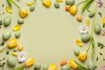 Naklejka na ściany i meble Frame made of beautiful spring flowers and Easter eggs on color background