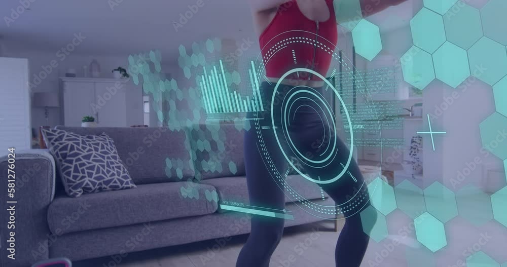 Poster animation of data processing over caucasian woman exercising with weights at home