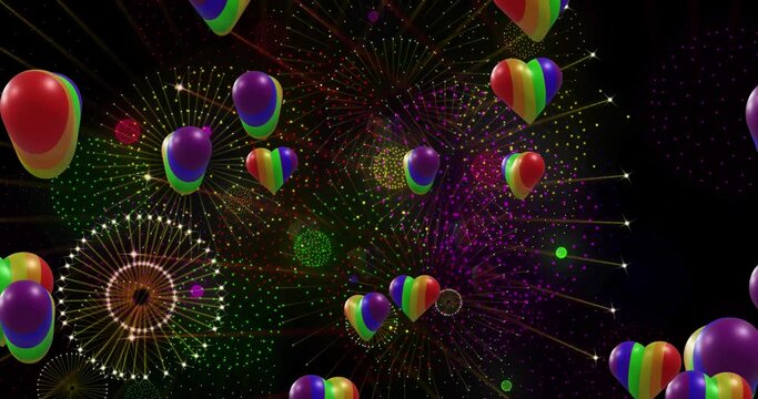 Animation of pride rainbow hearts and fireworks exploding on black background