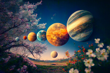 The planets aligned in Spring concept illustration - obrazy, fototapety, plakaty