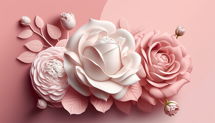 Illustration of 3D beautiful pink and white rose with petals. Valentine's day concept. 3D realistic illustration. Based on Generative AI