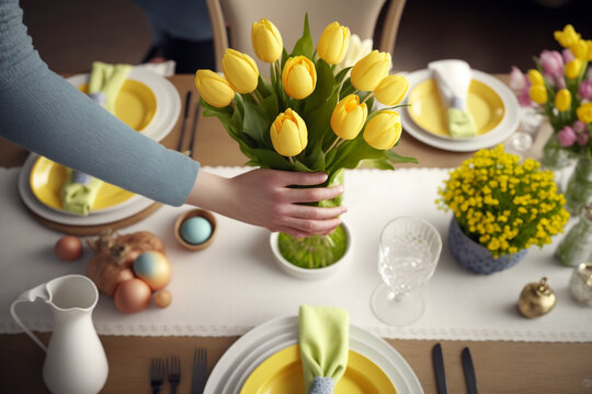 Hands of woman arranging yellow tulips at easter dining table, Generative AI	