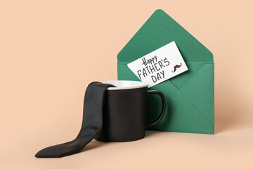 Cup, tie, envelope and card with text HAPPY FATHER'S DAY on color background
