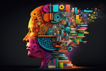 A person with a colorful brain, representing education, study, learning and ambition