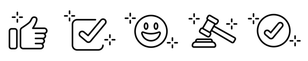 Conjunto de iconos de aprobación. Marca de verificación, me gusta, martillo de justicia, cara feliz. Concepto de aprobar. Ilustración vectorial