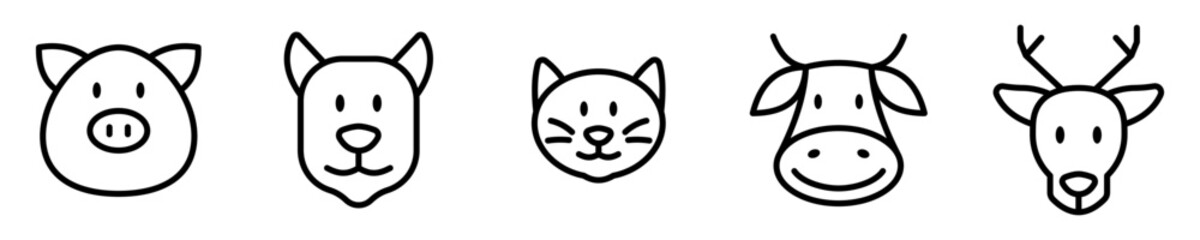 Conjunto de iconos de cara de animales. cerdo, perro, gato, vaca, ciervo. Ilustración vectorial  © Frank