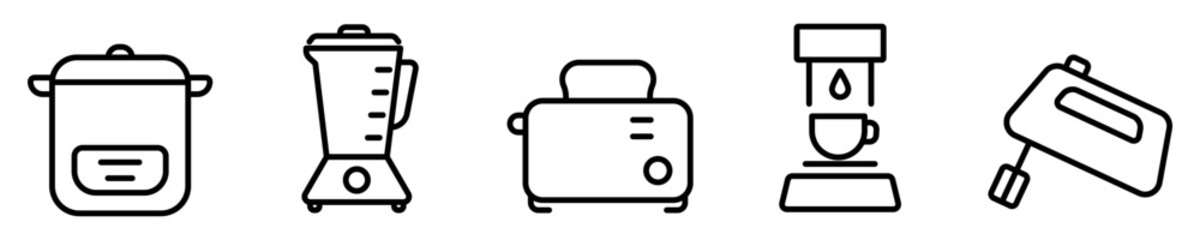 Conjunto de iconos de electrodomésticos de cocina. Olla arrocera, licuadora, tostadora, cafetera, batidora. Ilustración vectorial