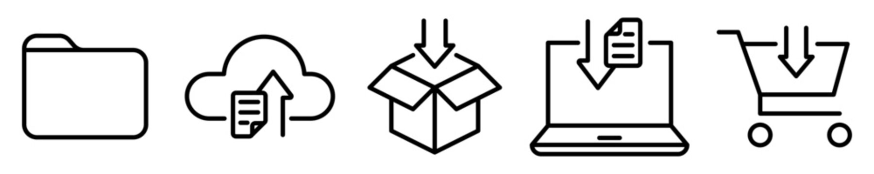 Conjunto de iconos de almacenamiento. Carpeta, nube, caja, dispositivo, carro de compras. Guardar en. Base de datos y almacenamiento en la red. Ilustraci&oacute;n vectorial