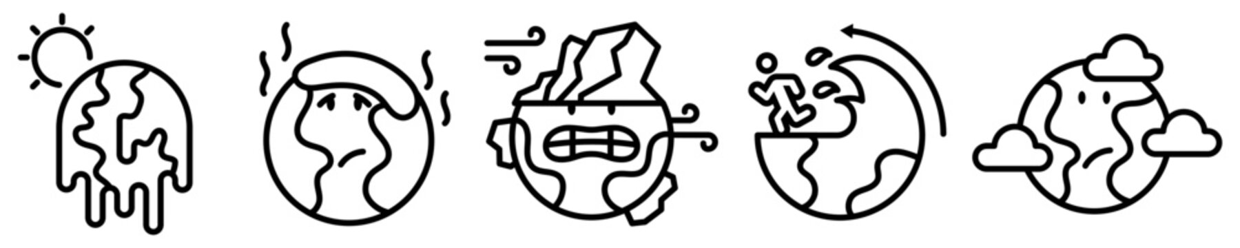 Conjunto de iconos del cambio clim&aacute;tico. calentamiento global, derretimiento del hielo, inundaciones, contaminaci&oacute;n. Planeta enfermo. Ilustraci&oacute;n vectorial