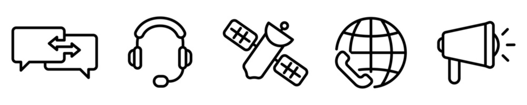 Conjunto de iconos de comunicaci&oacute;n. Mensajer&iacute;a, sat&eacute;lite, meg&aacute;fono, centro de llamadas. Ilustraci&oacute;n vectorial