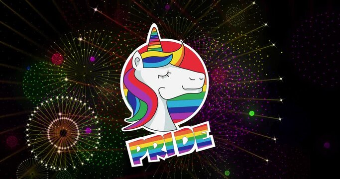 Animation of pride rainbow text, unicorn and fireworks exploding on black background