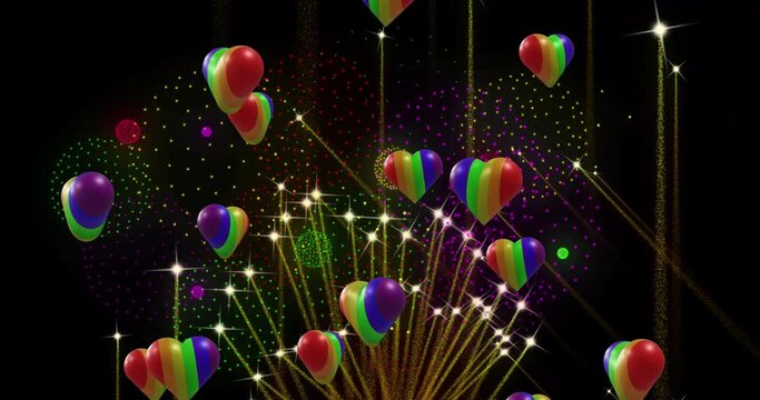 Animation of pride rainbow hearts and fireworks exploding on black background