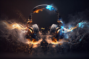 Obraz na płótnie Canvas Headphones with music explosions on black background. Generative AI