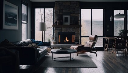 Modern living room with a fireplace. Leather furniture and couches. Glass windows architecture.