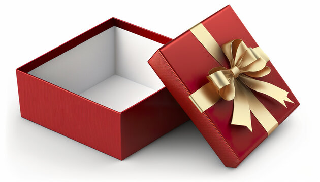 Illustration of bright gift box decorated with ribbon laying. Red gift box with ribbon and bow open isolated on white background. 3D realistic illustration. Based on Generative AI