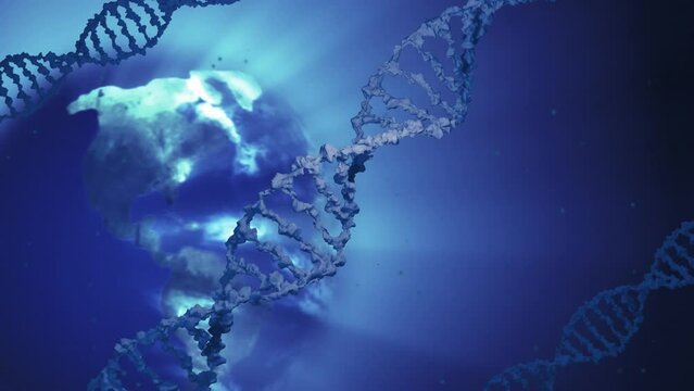 Animation of dna strands and globe spinning on blue background