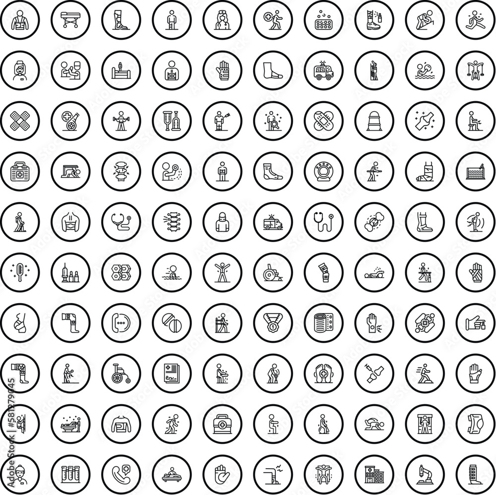 Wall mural 100 injury icons set. Outline illustration of 100 injury icons vector set isolated on white background - Wall murals