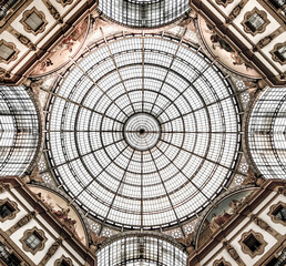 Architecture: ceiling of the landmark Galleria de Vittorio Emanuele II in the Piazza de Duomo in Milan, Italy - obrazy, fototapety, plakaty