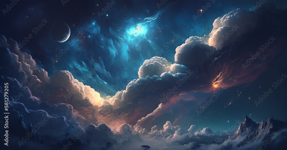 Wall mural night sky with stars and clouds. space art background. dreaming of stars surreal illustration wallpa