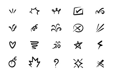 Collection of hand drawn line showing lines, sunbeams, flakes, surprise etc.