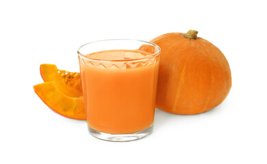 Glass with pumpkin juice and fresh vegetables on white background