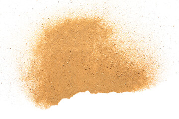 Pile of brown dust scattered on white background, top view