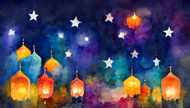 Watercolor painting featuring a row of colorful lanterns adrift in a star-speckled night sky, each emitting a warm, inviting glow
