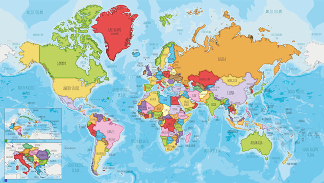 Highly detailed World Map vector illustration with different colors for each country. Editable and clearly labeled layers.