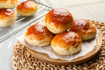 Tasty scones prepared on soda water on grey marble table