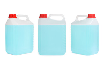 Plastic canister with light blue liquid on white background, different sides