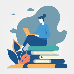 woman sitting on pile of books reading a book, vector illustration