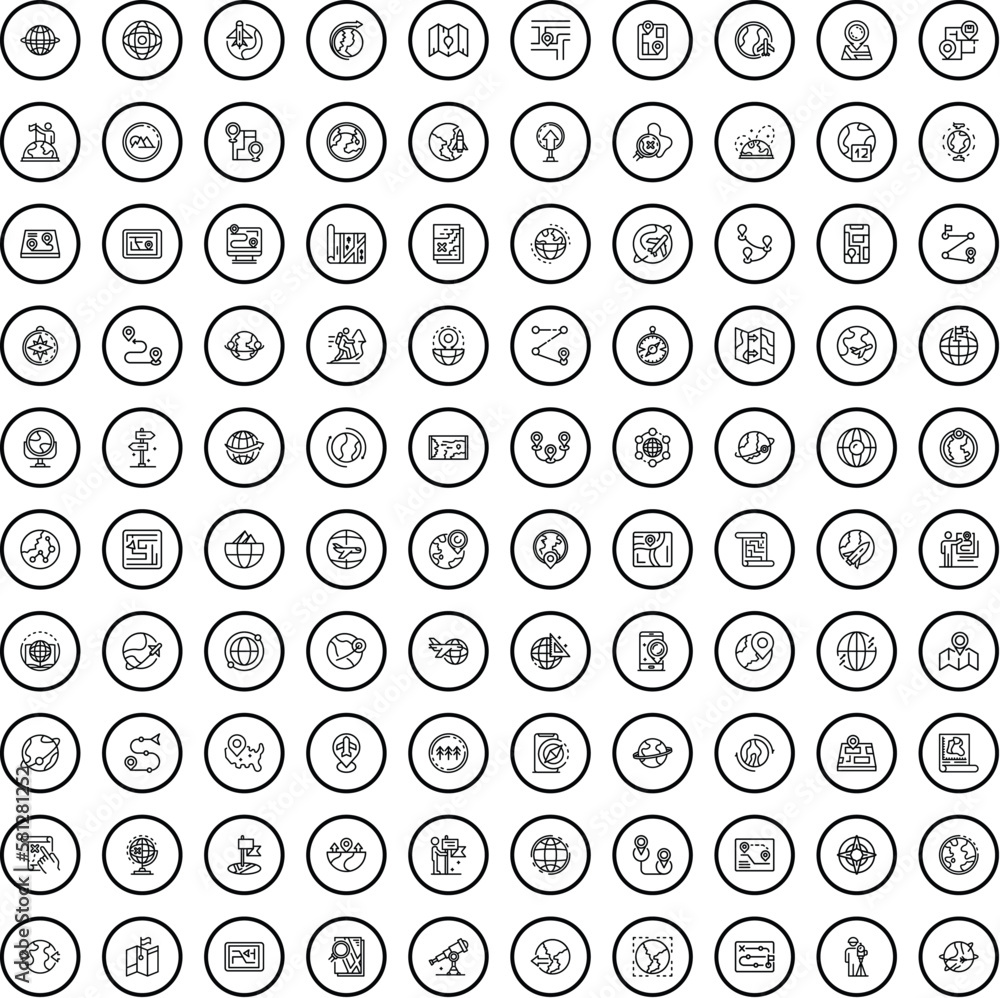 Poster 100 map icons set. outline illustration of 100 map icons vector set isolated on white background