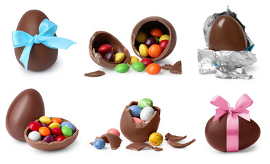 Tasty chocolate eggs on white background, collage