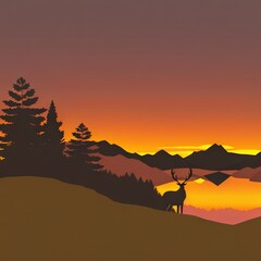 Cartoon sunset with trees and mountain landscape, Deer silhouette in front of the lake Generative AI,
