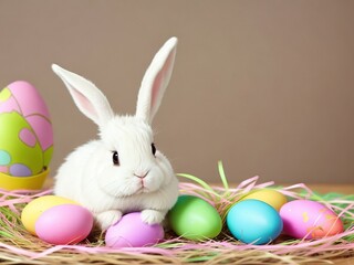 Cute Easter bunny with softly colored easter eggs, Generative AI