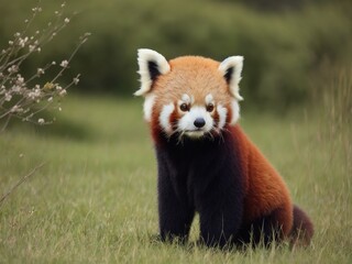 Fototapeta premium Cute baby red panda on a green field, Generative AI