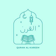 simple line al quran islamic holy book vector illustration for ramadan muslim pray activity poster design. Translate arabic : Al-Quran