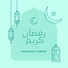 ramadan kareem line typography text with islamic ornament crescent moon and eastern lantern lamp vector illustration for muslim fasting month event poster design. Arabic Translation : Ramadan Kareem