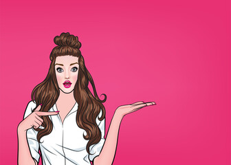 Surprised sexy woman showing surprised party girl advertising design presents something in pop art style illustration