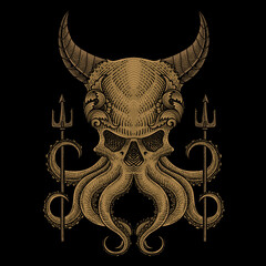illustration demonic octopus with two trident weapon - obrazy, fototapety, plakaty