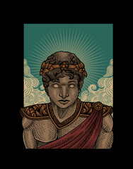 illustration helios god drawings with engraving style