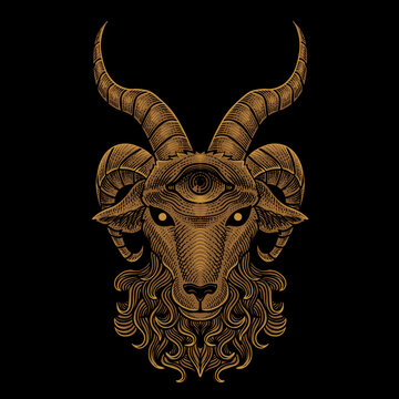 recommend clip art: illustration scary goat head engraving style on black background
