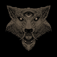illustration wolf head three eyes on black background