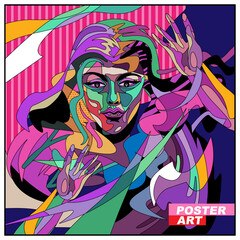 Women abstract art futuristic. Vector. Poster. Design. Digital. Color. Pop