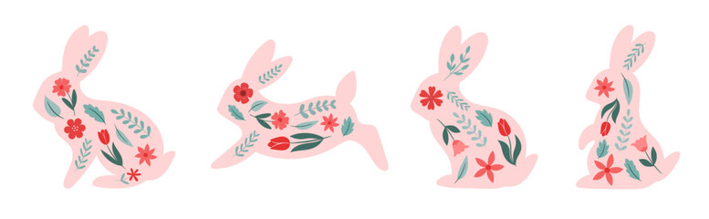 A set of cute bunnies in folk style. Easter spring bunnies with floral pattern on white background